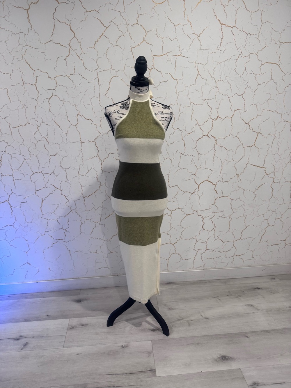 Bebe Y2K Colorblock Halter Olive and Cream Striped Halter Midi Dress- Small